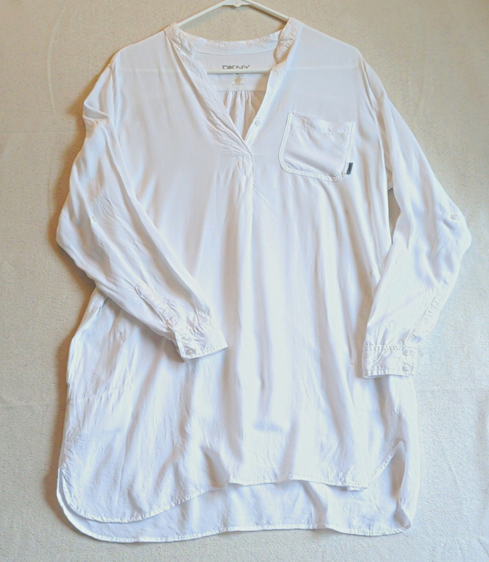 DKNY Womens Tunic Shirt Dress White Split Neck Coastal Grandma Resort Pockets